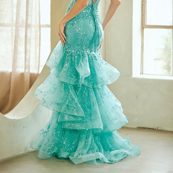 New Pink Sleeveless Mermaid Prom Ruffled Gown w/ Boned Bodice & Leg Slit AC 8062 - Picture 7 of 12